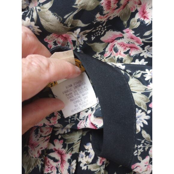 Vintage Dress 14 Large Long Sleeve Pleated Black Pink Flowers Secretary Breli - Picture 10 of 10